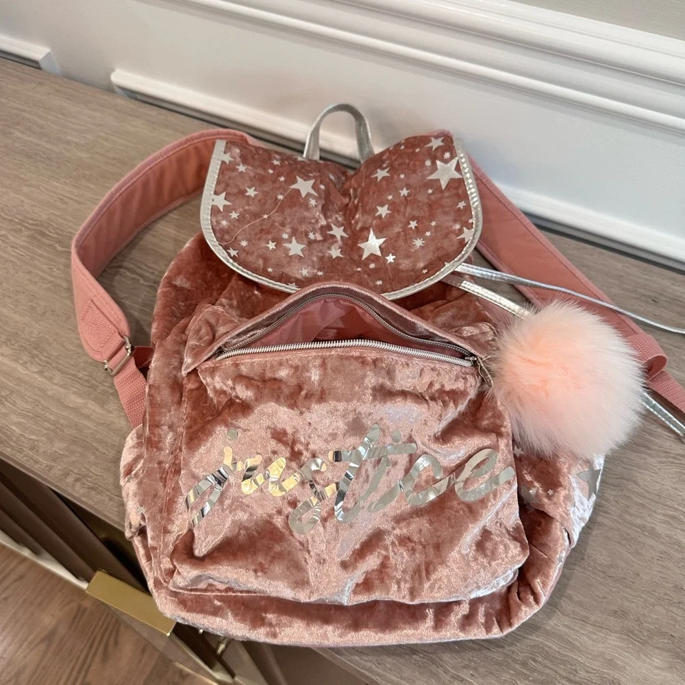 Justice Pink Velvet Backpack and pouch Set